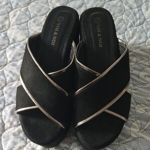 Elegant Black and Silver Platform Mules 6.5